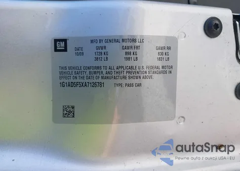 2010 Chevrolet Cobalt Lt из США, поврежденный, VIN 1G1AD5F5XA7126781